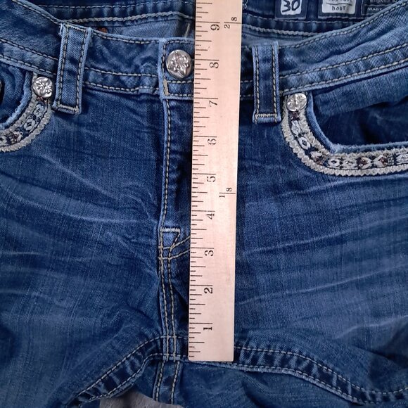 Miss Me Jean Womens 31x28, Tag 30x32 Blue Denim Bootcut Embellished Hemmed Up - Picture 12 of 16